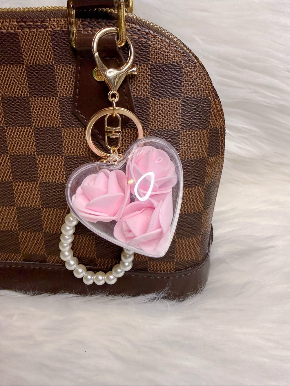Rose Flower Heart Bag Charm Keychain KeyRing Charm Gold Pearl Strap New Gift